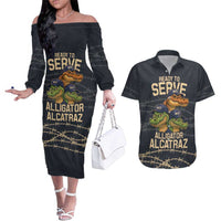 Ready To Serve Alligator Alcatraz Couples Matching Off The Shoulder Long Sleeve Dress and Hawaiian Shirt - Wonder Print Shop