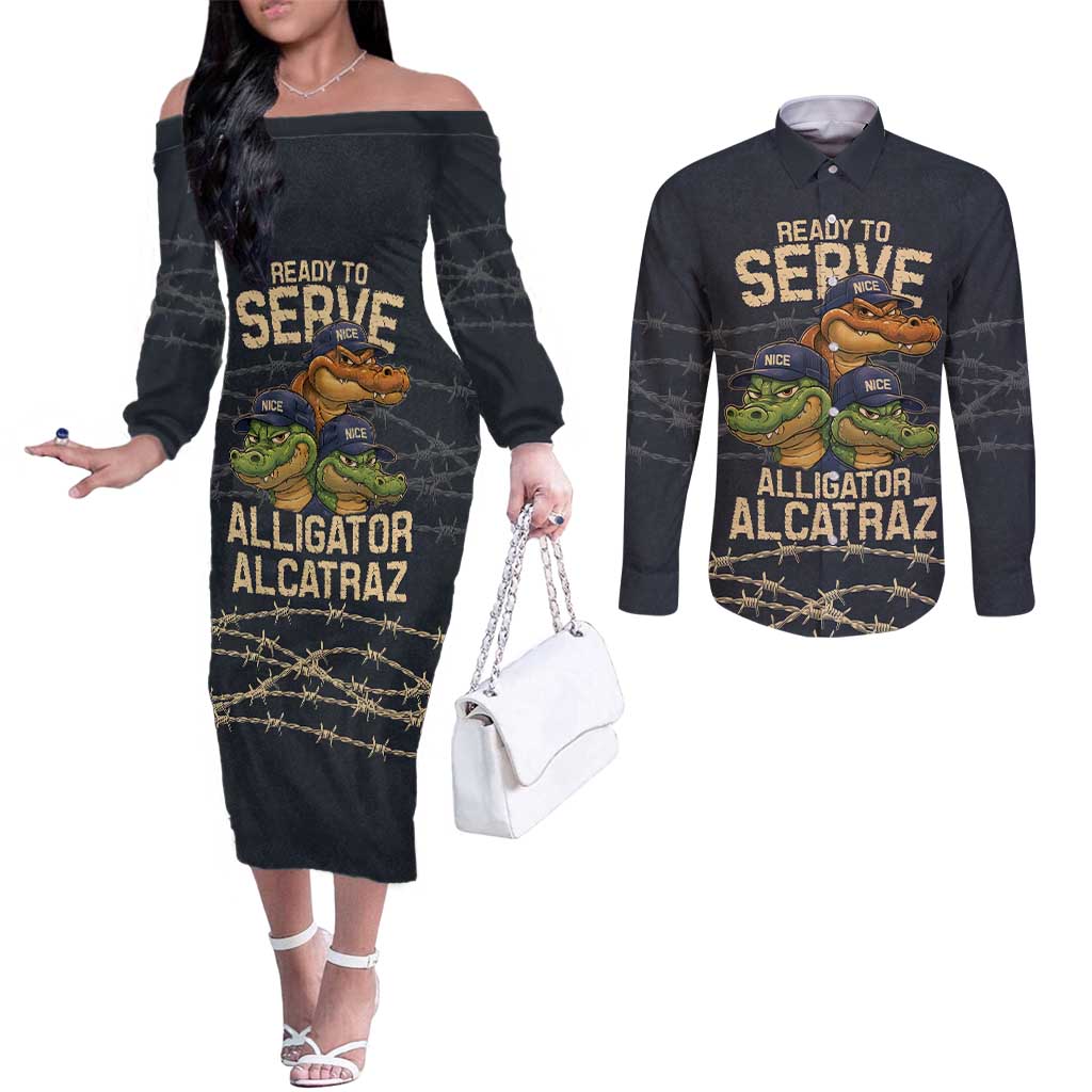 Ready To Serve Alligator Alcatraz Couples Matching Off The Shoulder Long Sleeve Dress and Long Sleeve Button Shirt - Wonder Print Shop