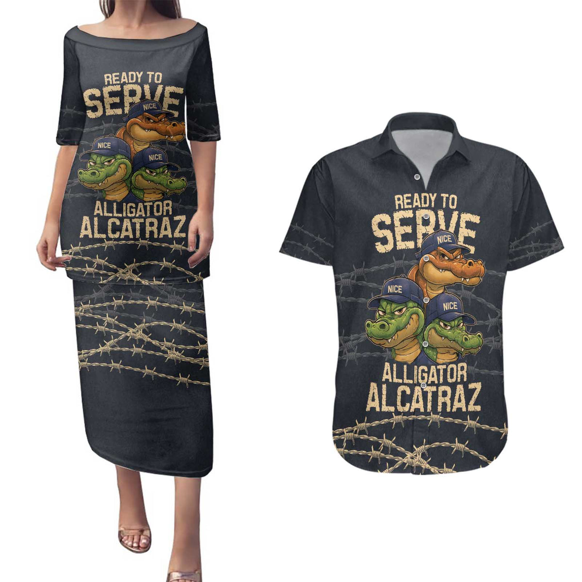 Ready To Serve Alligator Alcatraz Couples Matching Puletasi and Hawaiian Shirt - Wonder Print Shop