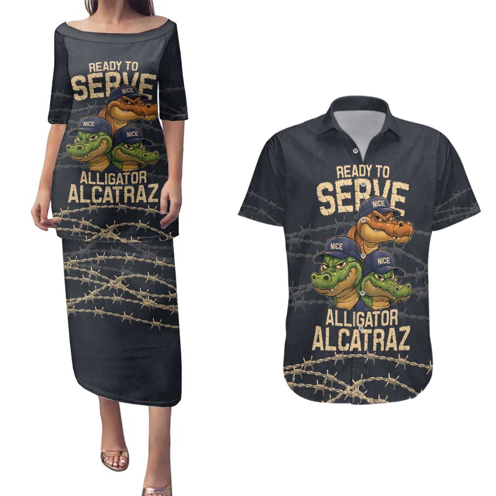 Ready To Serve Alligator Alcatraz Couples Matching Puletasi and Hawaiian Shirt - Wonder Print Shop