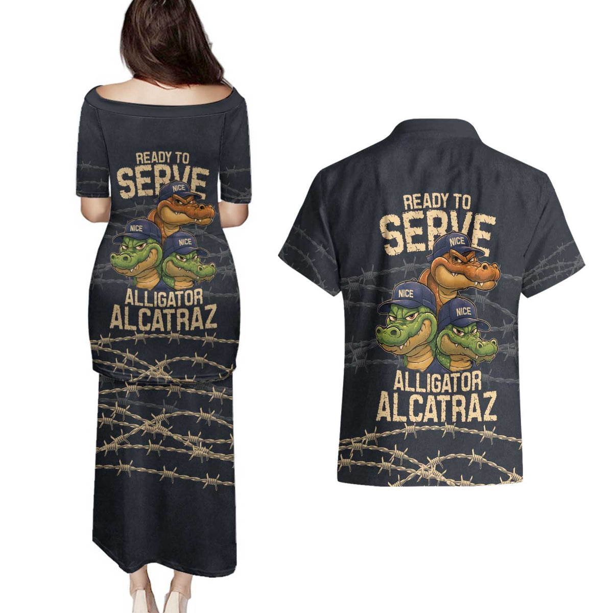 Ready To Serve Alligator Alcatraz Couples Matching Puletasi and Hawaiian Shirt - Wonder Print Shop