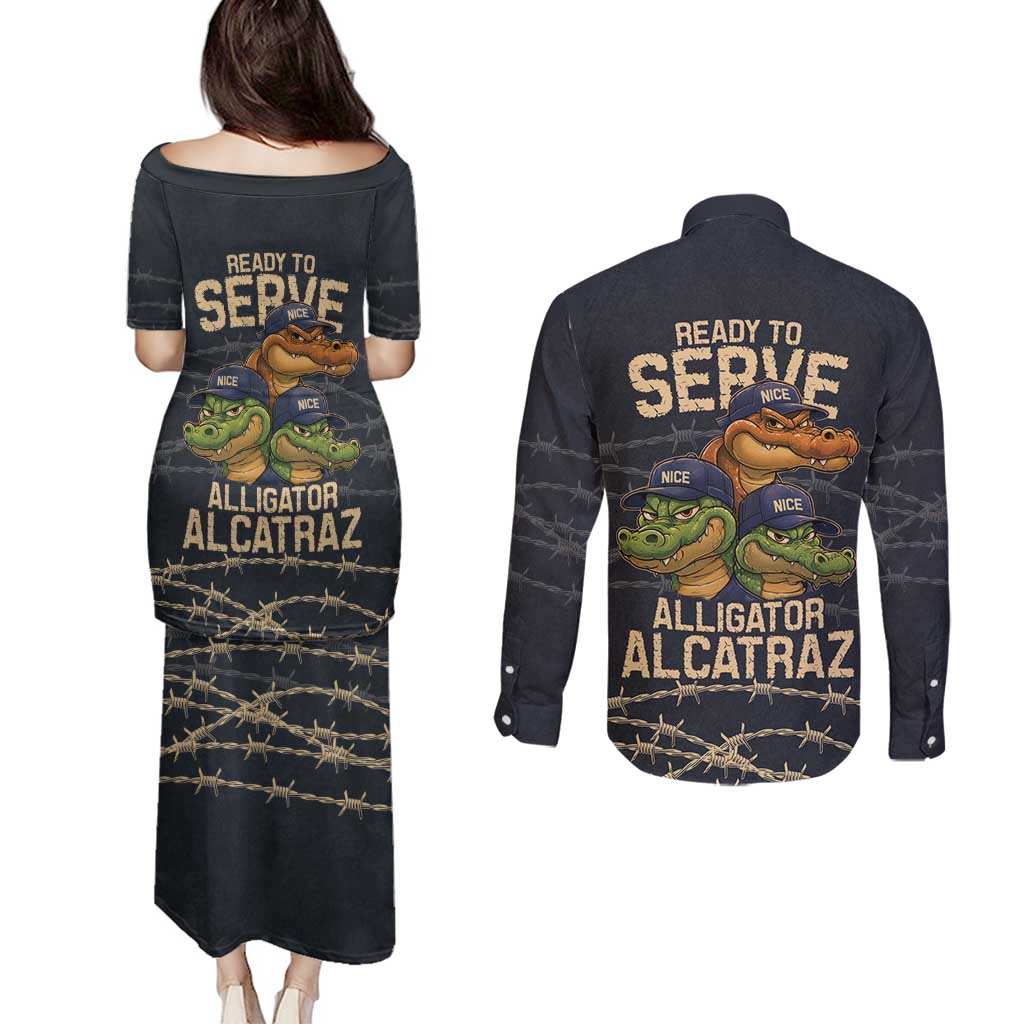 Ready To Serve Alligator Alcatraz Couples Matching Puletasi and Long Sleeve Button Shirt - Wonder Print Shop