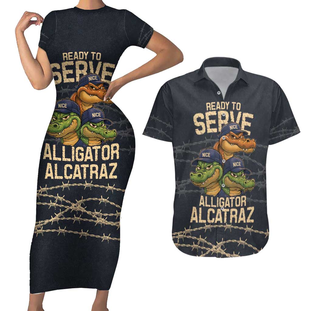 Ready To Serve Alligator Alcatraz Couples Matching Short Sleeve Bodycon Dress and Hawaiian Shirt - Wonder Print Shop
