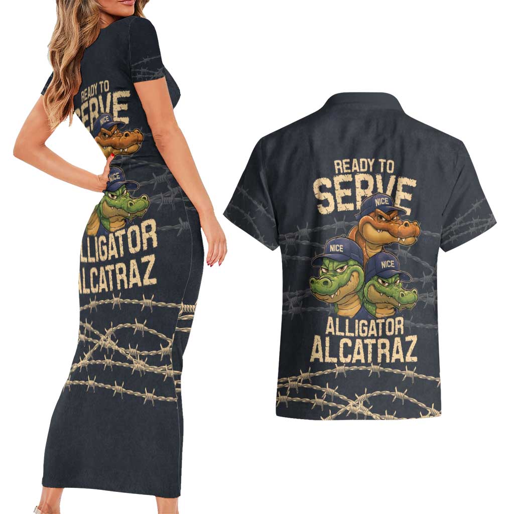 Ready To Serve Alligator Alcatraz Couples Matching Short Sleeve Bodycon Dress and Hawaiian Shirt - Wonder Print Shop