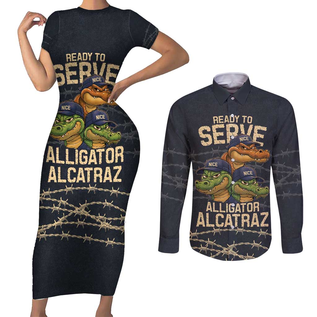Ready To Serve Alligator Alcatraz Couples Matching Short Sleeve Bodycon Dress and Long Sleeve Button Shirt - Wonder Print Shop