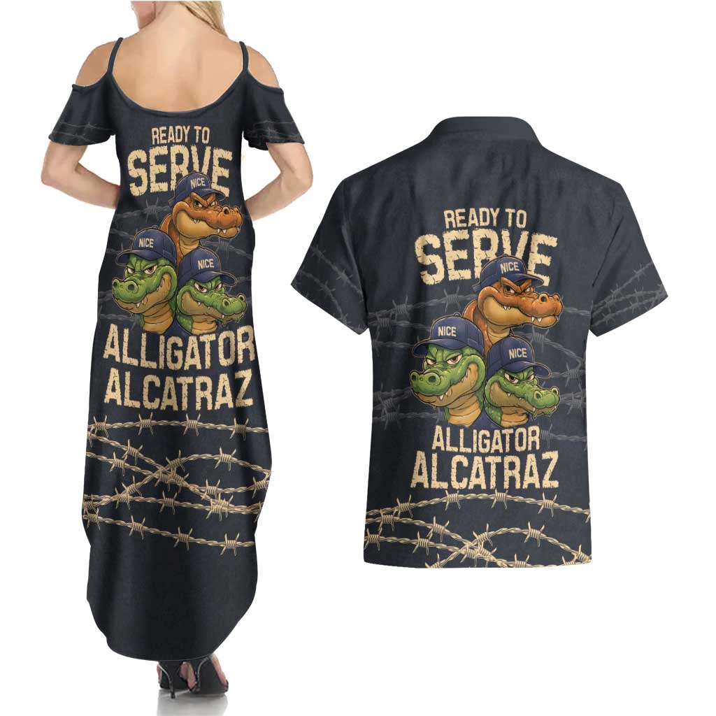 Ready To Serve Alligator Alcatraz Couples Matching Summer Maxi Dress and Hawaiian Shirt - Wonder Print Shop