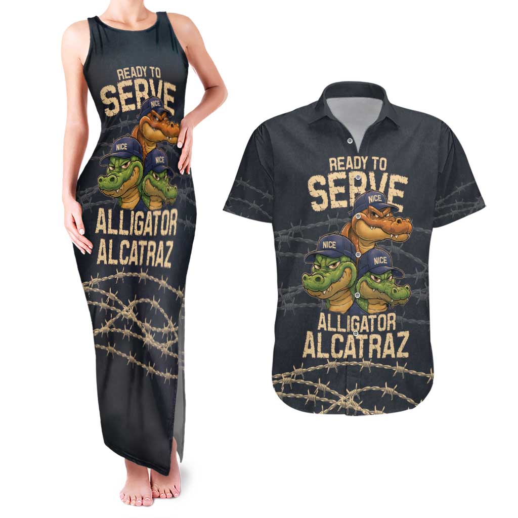 Ready To Serve Alligator Alcatraz Couples Matching Tank Maxi Dress and Hawaiian Shirt - Wonder Print Shop