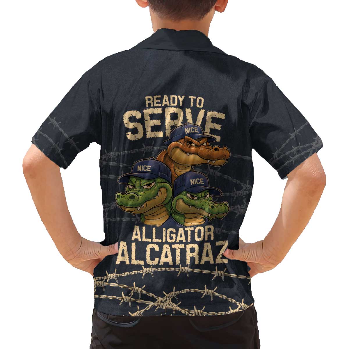 Ready To Serve Alligator Alcatraz Family Matching Off The Shoulder Long Sleeve Dress and Hawaiian Shirt - Wonder Print Shop