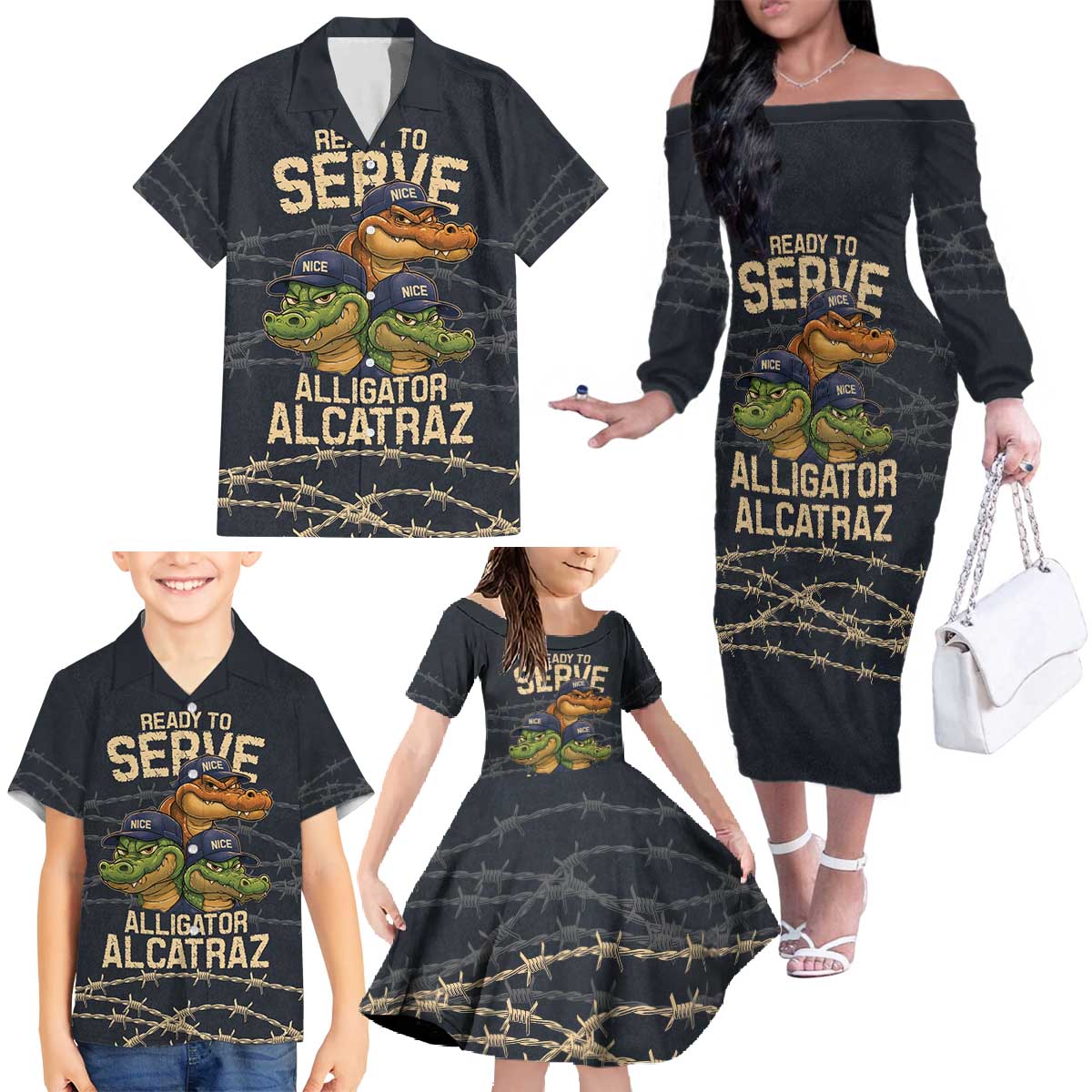 Ready To Serve Alligator Alcatraz Family Matching Off The Shoulder Long Sleeve Dress and Hawaiian Shirt - Wonder Print Shop