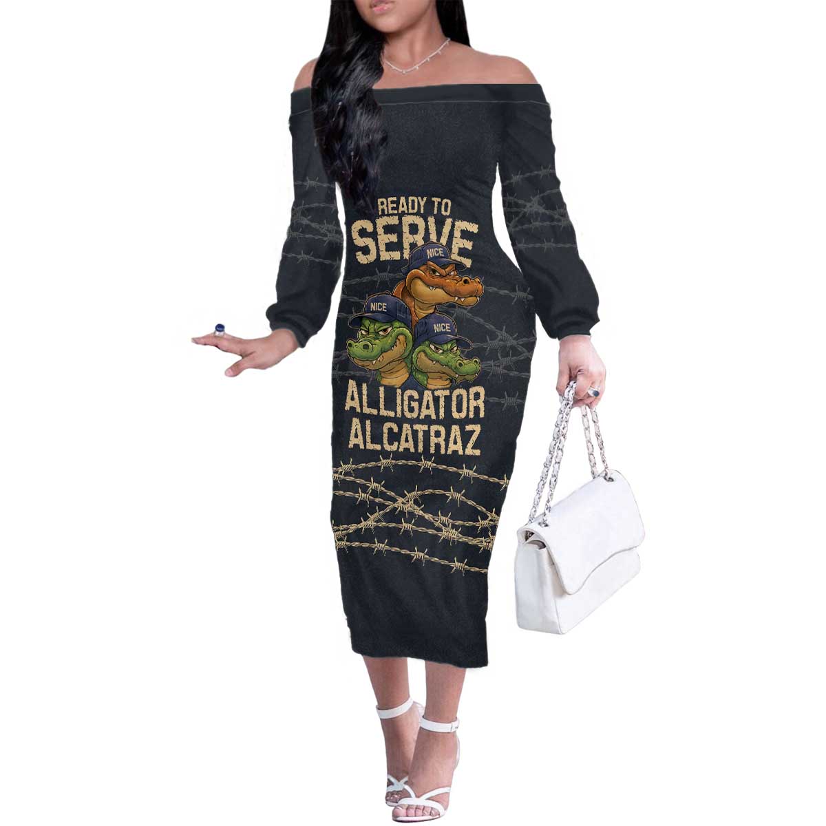 Ready To Serve Alligator Alcatraz Family Matching Off The Shoulder Long Sleeve Dress and Hawaiian Shirt - Wonder Print Shop