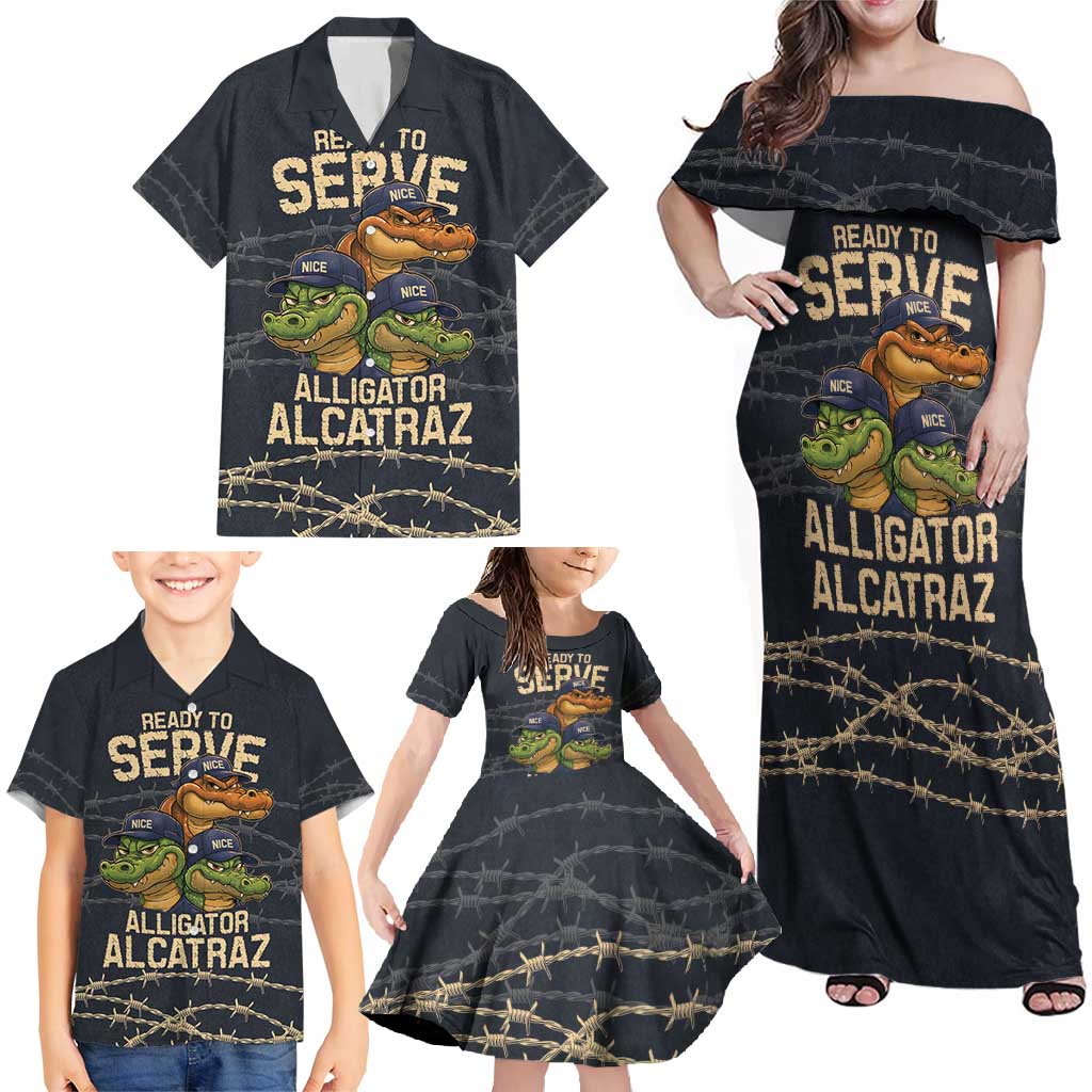 Ready To Serve Alligator Alcatraz Family Matching Off Shoulder Maxi Dress and Hawaiian Shirt - Wonder Print Shop