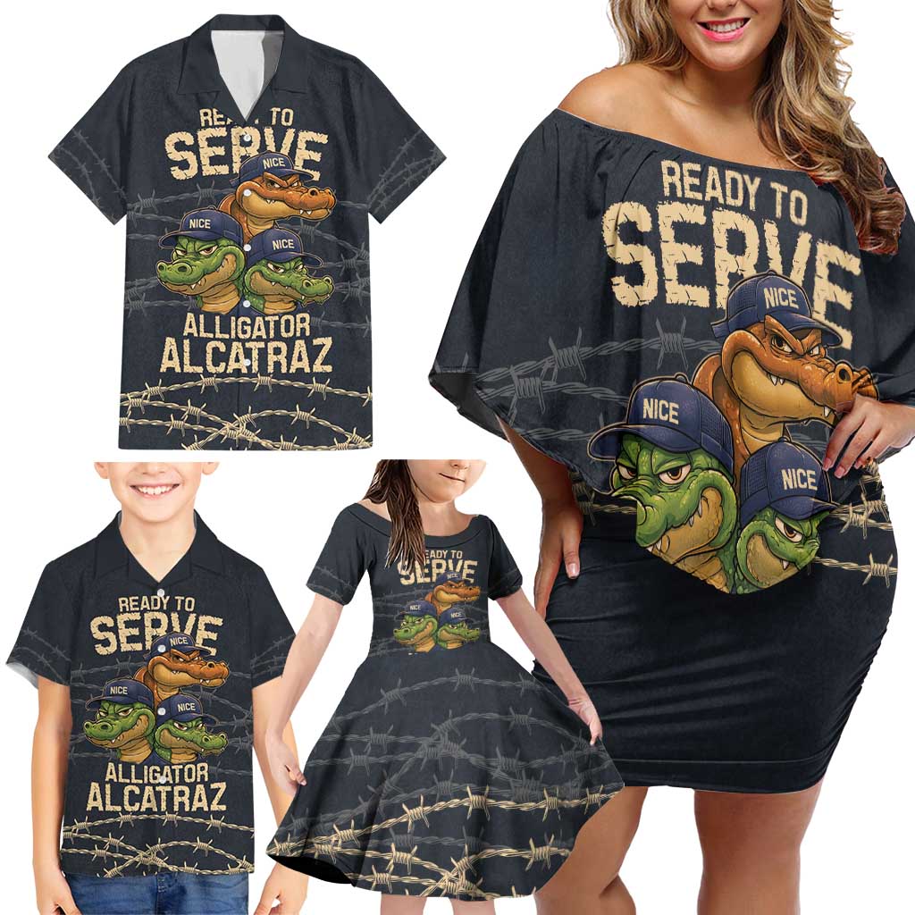 Ready To Serve Alligator Alcatraz Family Matching Off Shoulder Short Dress and Hawaiian Shirt - Wonder Print Shop