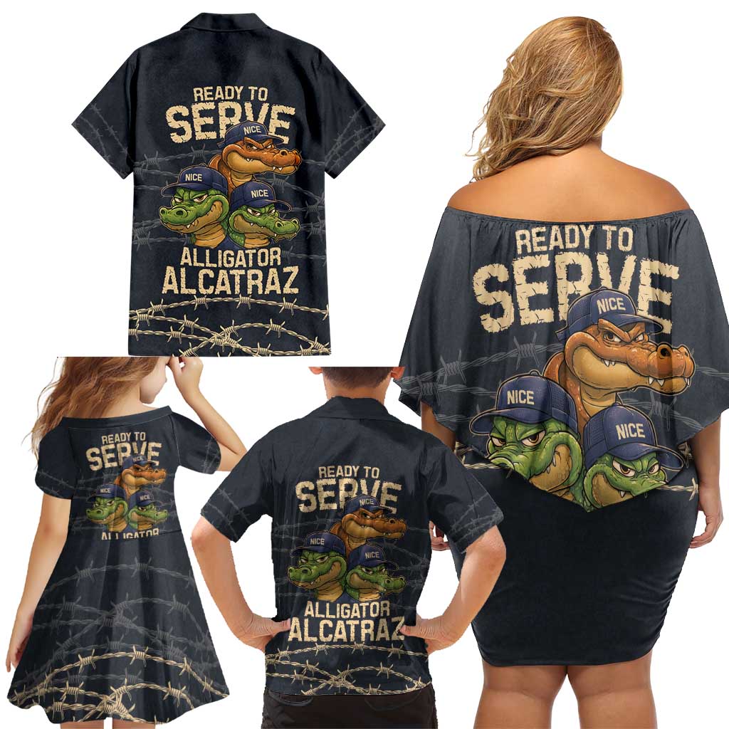 Ready To Serve Alligator Alcatraz Family Matching Off Shoulder Short Dress and Hawaiian Shirt - Wonder Print Shop