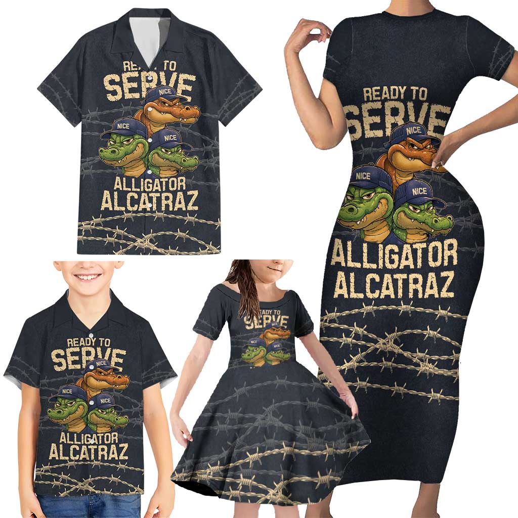 Ready To Serve Alligator Alcatraz Family Matching Short Sleeve Bodycon Dress and Hawaiian Shirt - Wonder Print Shop