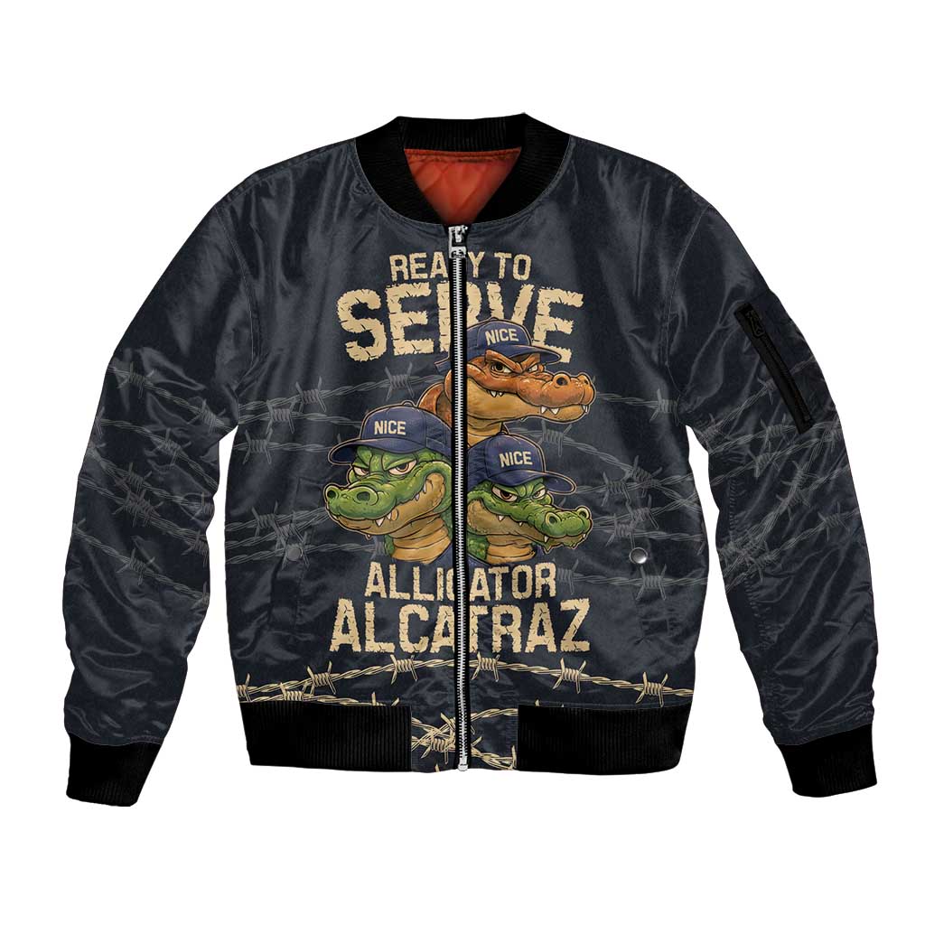 Ready To Serve Alligator Alcatraz Sleeve Zip Bomber Jacket - Wonder Print Shop