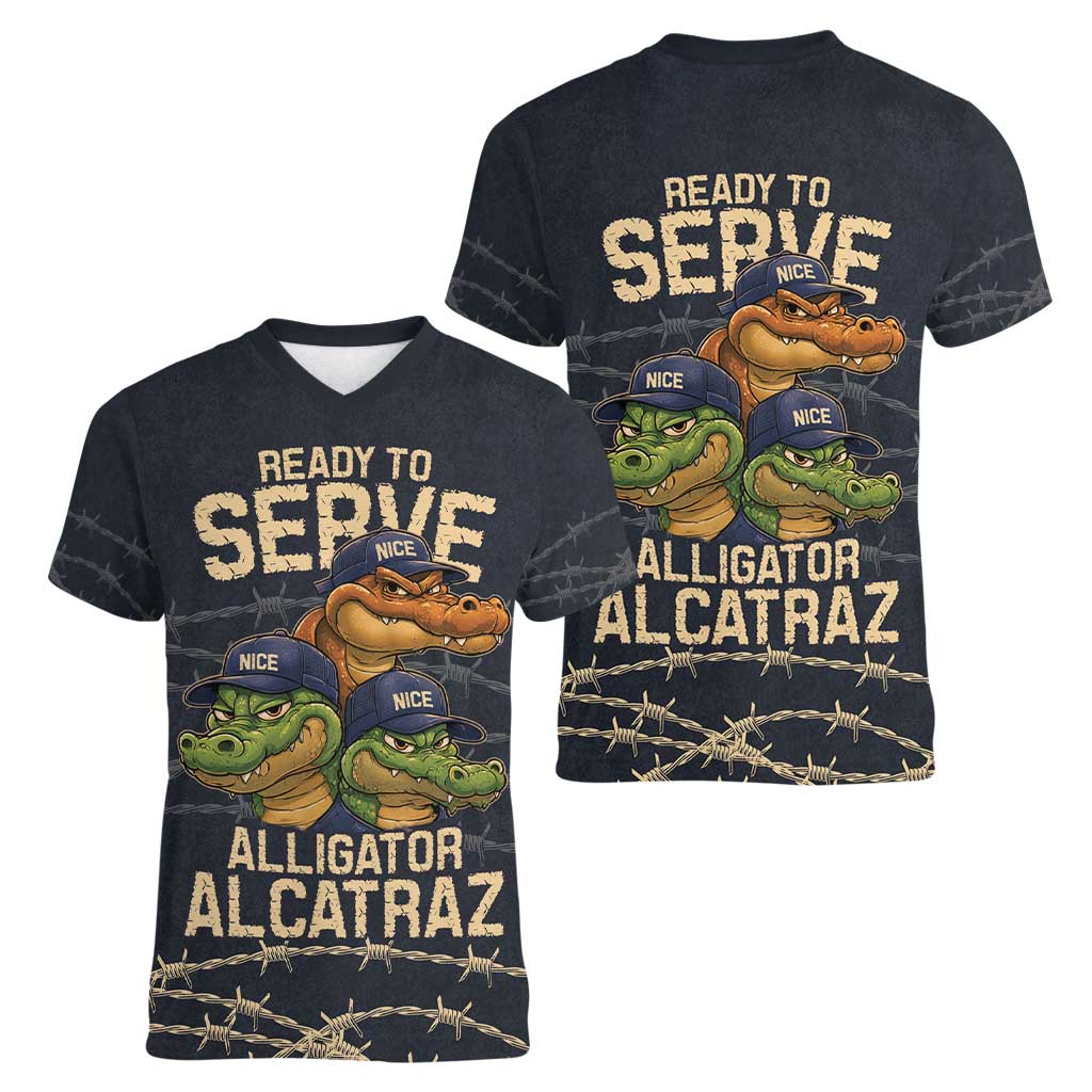 Ready To Serve Alligator Alcatraz Women V-Neck T-Shirt - Wonder Print Shop