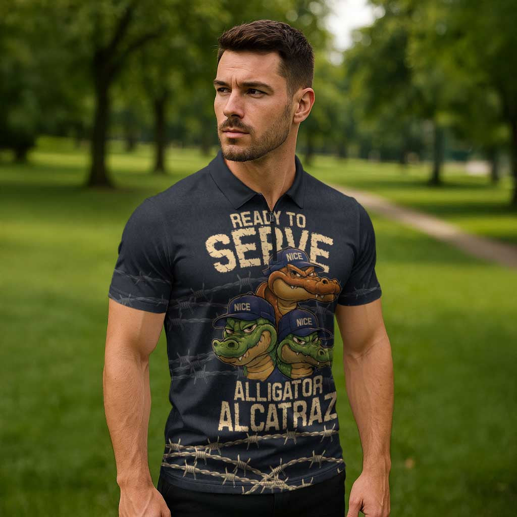 Ready To Serve Alligator Alcatraz Zipper Polo Shirt - Wonder Print Shop