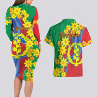 Eritrea New Year Personalized Couples Matching Long Sleeve Bodycon Dress and Hawaiian Shirt Enkutatash Adey Abeba Flower Art LT9 - Wonder Print Shop