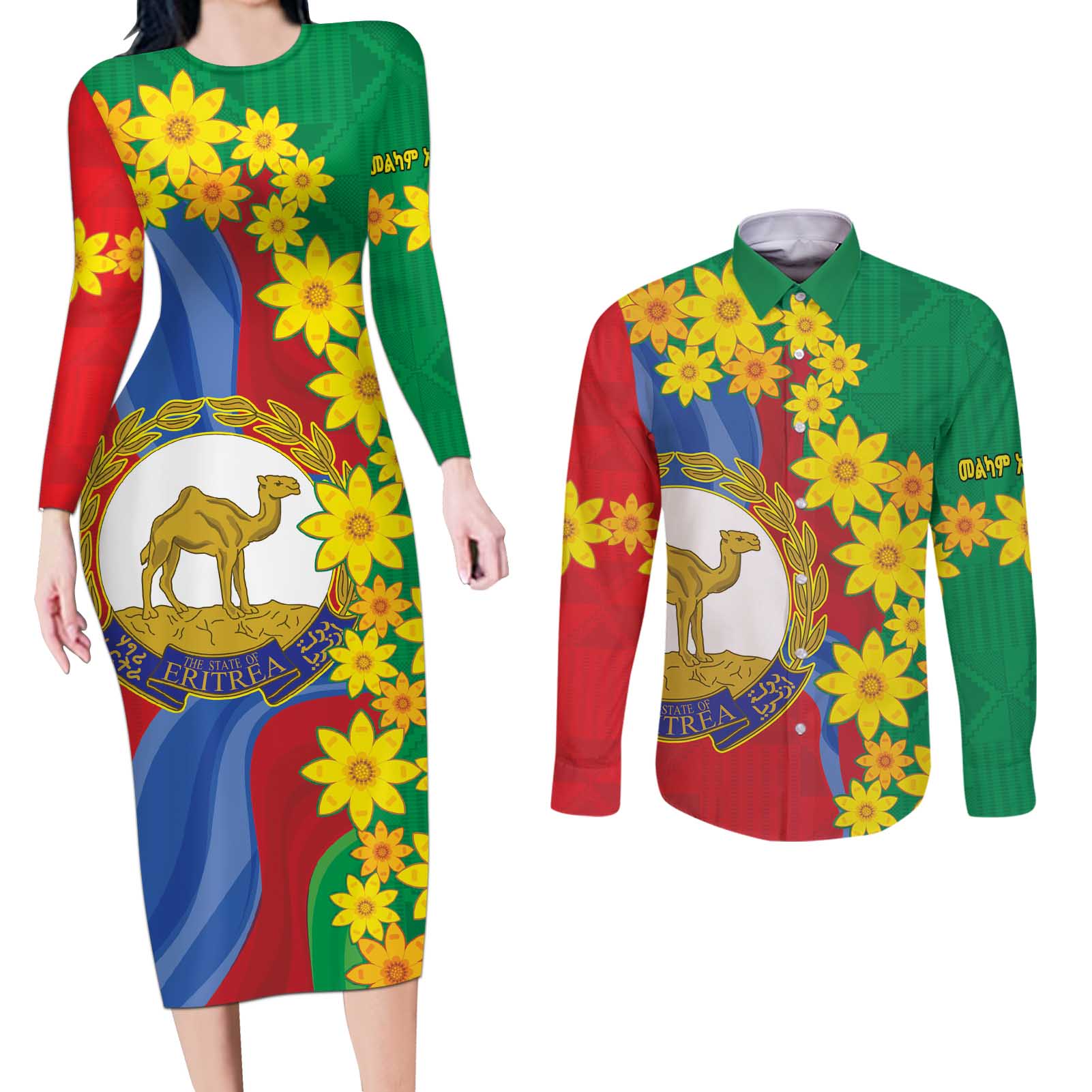 Eritrea New Year Personalized Couples Matching Long Sleeve Bodycon Dress and Long Sleeve Button Shirt Enkutatash Adey Abeba Flower Art LT9 - Wonder Print Shop
