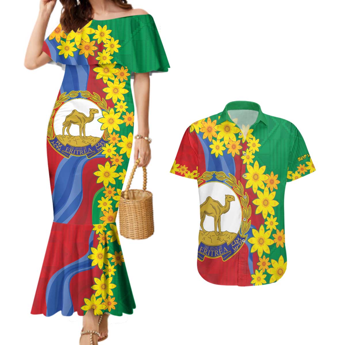 Eritrea New Year Personalized Couples Matching Mermaid Dress and Hawaiian Shirt Enkutatash Adey Abeba Flower Art LT9 - Wonder Print Shop