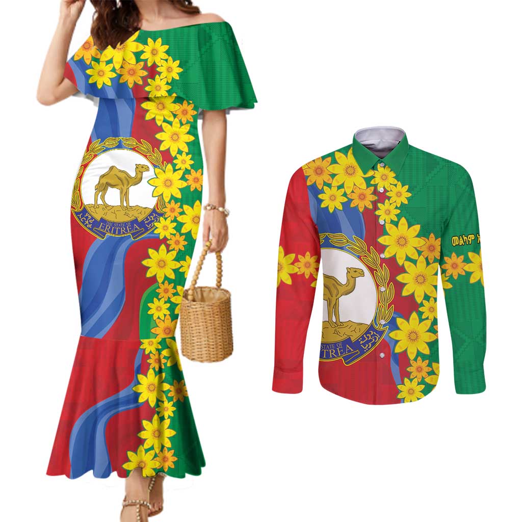 Eritrea New Year Personalized Couples Matching Mermaid Dress and Long Sleeve Button Shirt Enkutatash Adey Abeba Flower Art