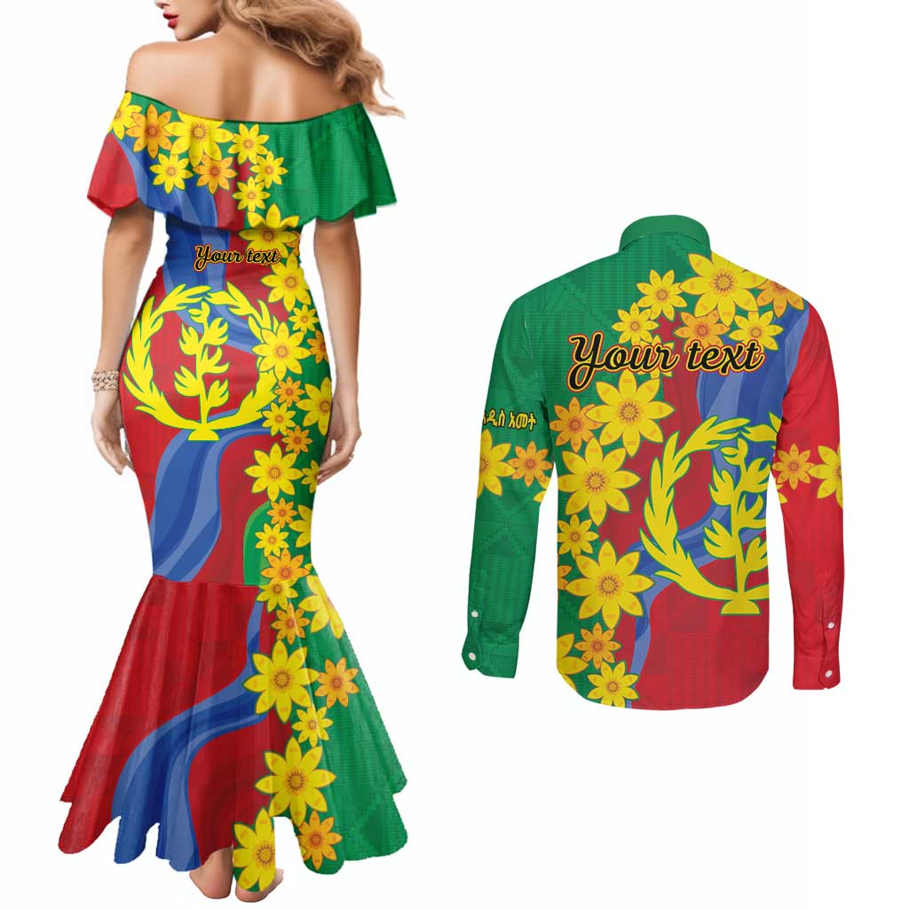 Eritrea New Year Personalized Couples Matching Mermaid Dress and Long Sleeve Button Shirt Enkutatash Adey Abeba Flower Art