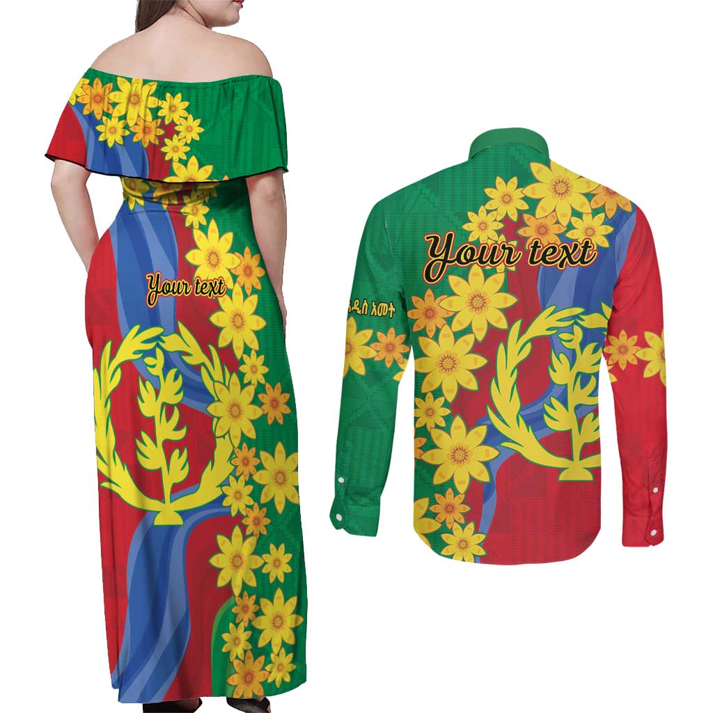 Eritrea New Year Personalized Couples Matching Off Shoulder Maxi Dress and Long Sleeve Button Shirt Enkutatash Adey Abeba Flower Art LT9 - Wonder Print Shop
