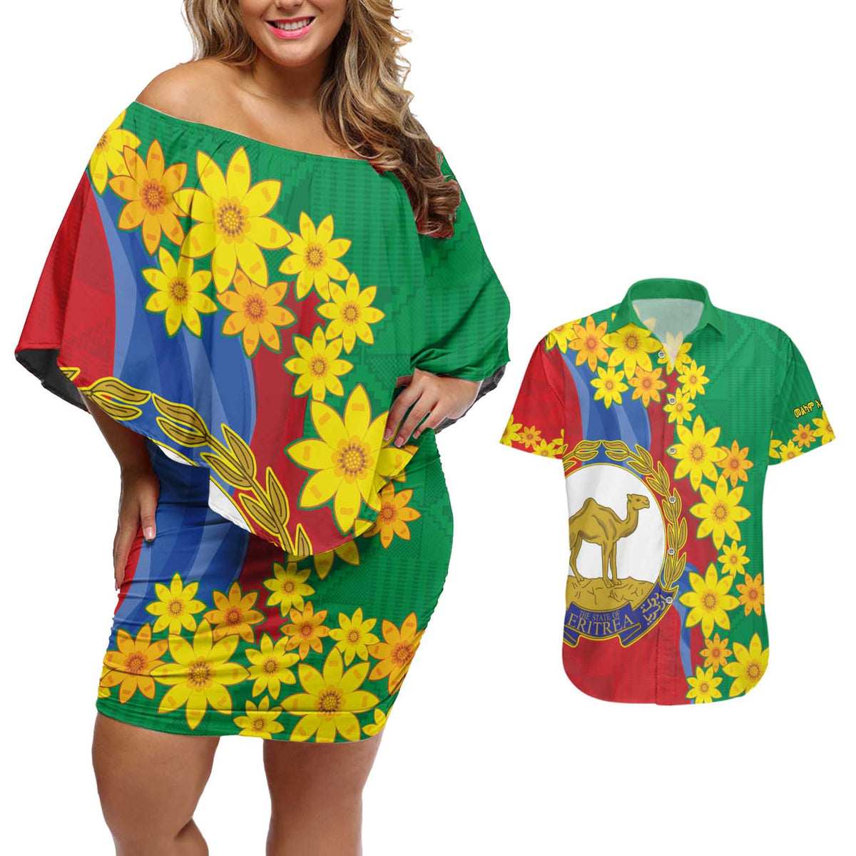 Eritrea New Year Personalized Couples Matching Off Shoulder Short Dress and Hawaiian Shirt Enkutatash Adey Abeba Flower Art LT9 - Wonder Print Shop