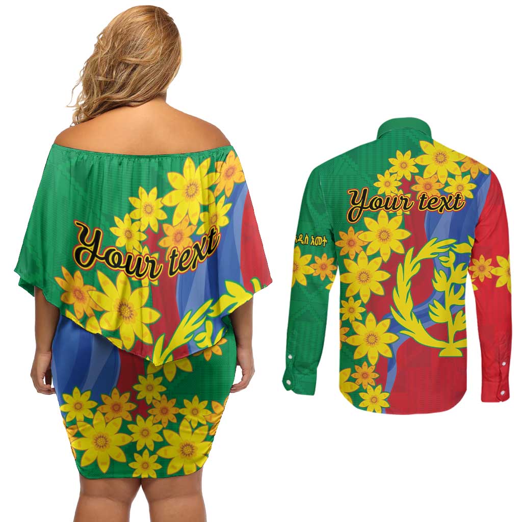 Eritrea New Year Personalized Couples Matching Off Shoulder Short Dress and Long Sleeve Button Shirt Enkutatash Adey Abeba Flower Art LT9 - Wonder Print Shop