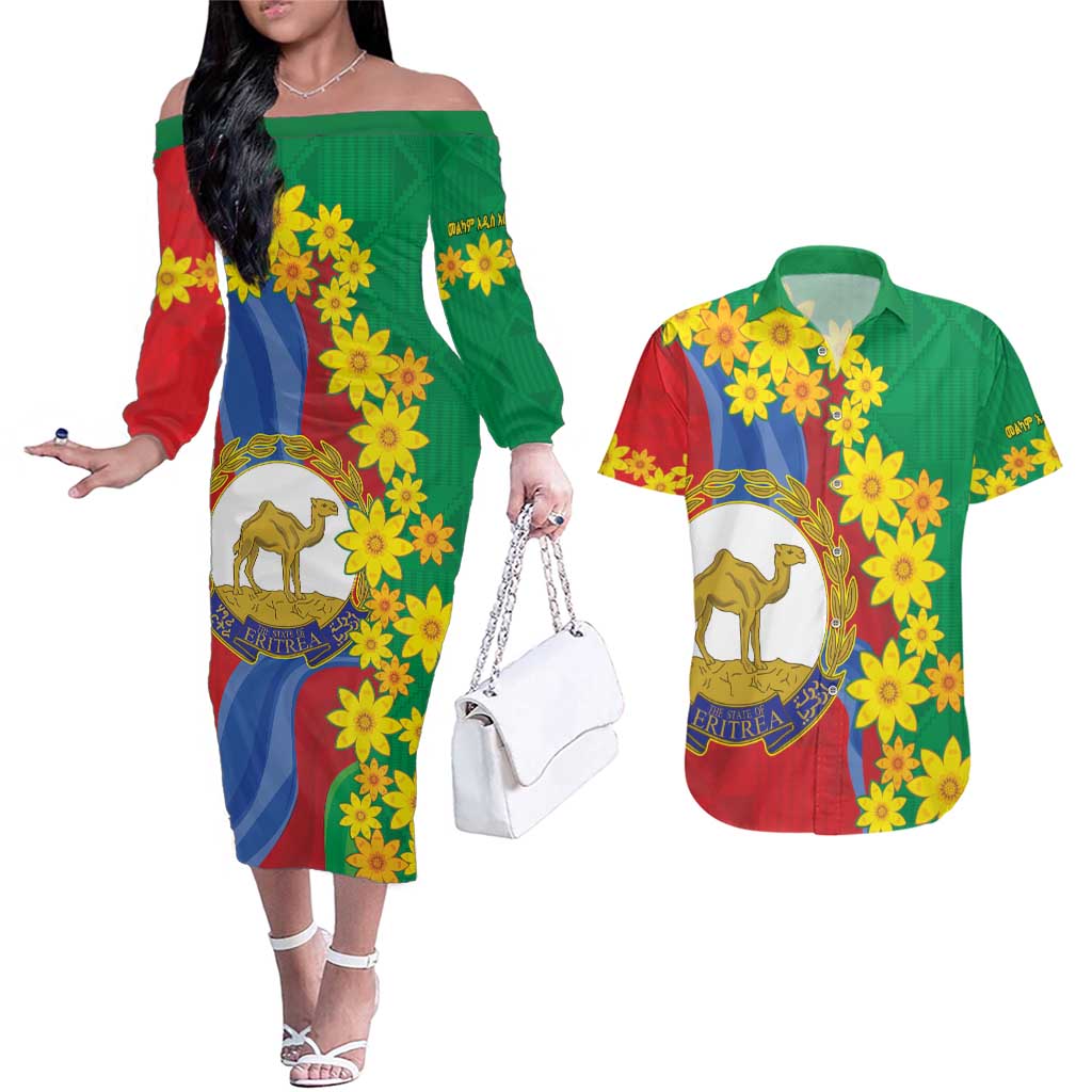 Eritrea New Year Personalized Couples Matching Off The Shoulder Long Sleeve Dress and Hawaiian Shirt Enkutatash Adey Abeba Flower Art LT9 - Wonder Print Shop
