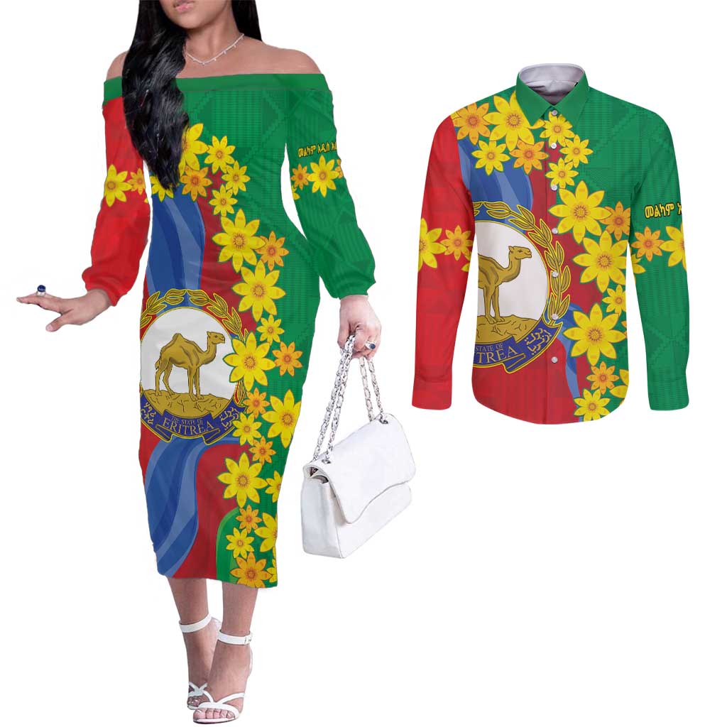 Eritrea New Year Personalized Couples Matching Off The Shoulder Long Sleeve Dress and Long Sleeve Button Shirt Enkutatash Adey Abeba Flower Art