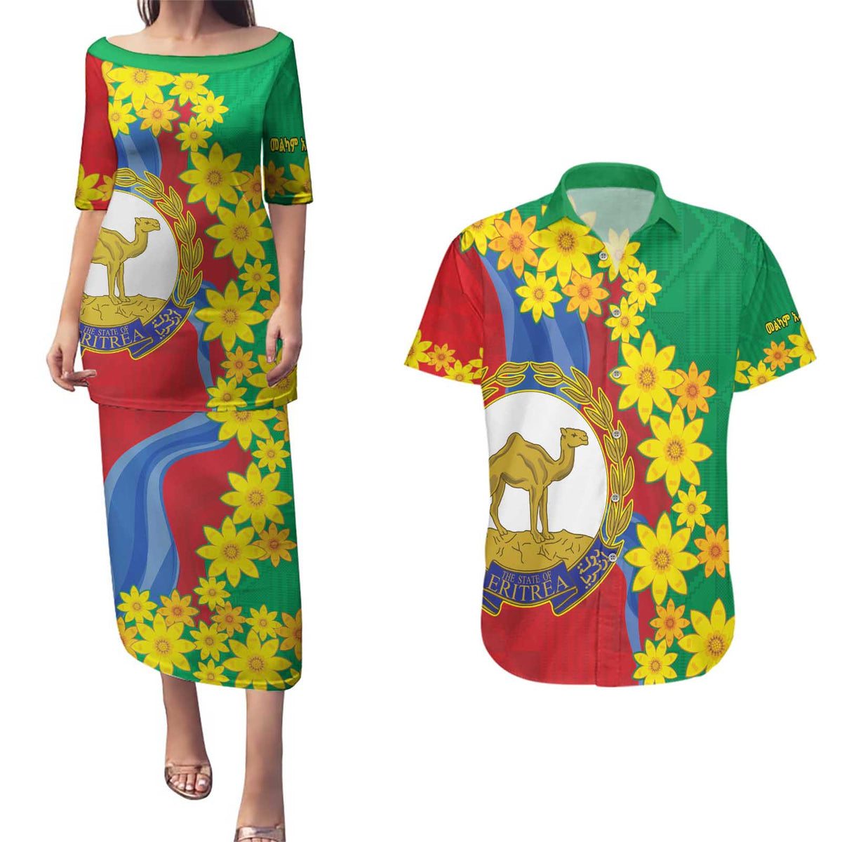 Eritrea New Year Personalized Couples Matching Puletasi and Hawaiian Shirt Enkutatash Adey Abeba Flower Art LT9 - Wonder Print Shop