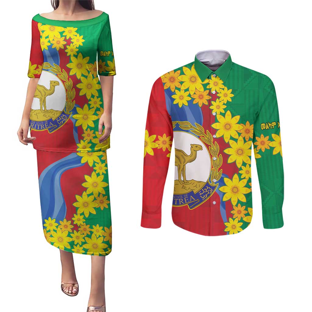Eritrea New Year Personalized Couples Matching Puletasi and Long Sleeve Button Shirt Enkutatash Adey Abeba Flower Art LT9 - Wonder Print Shop