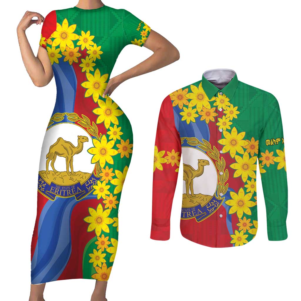Eritrea New Year Personalized Couples Matching Short Sleeve Bodycon Dress and Long Sleeve Button Shirt Enkutatash Adey Abeba Flower Art LT9 - Wonder Print Shop