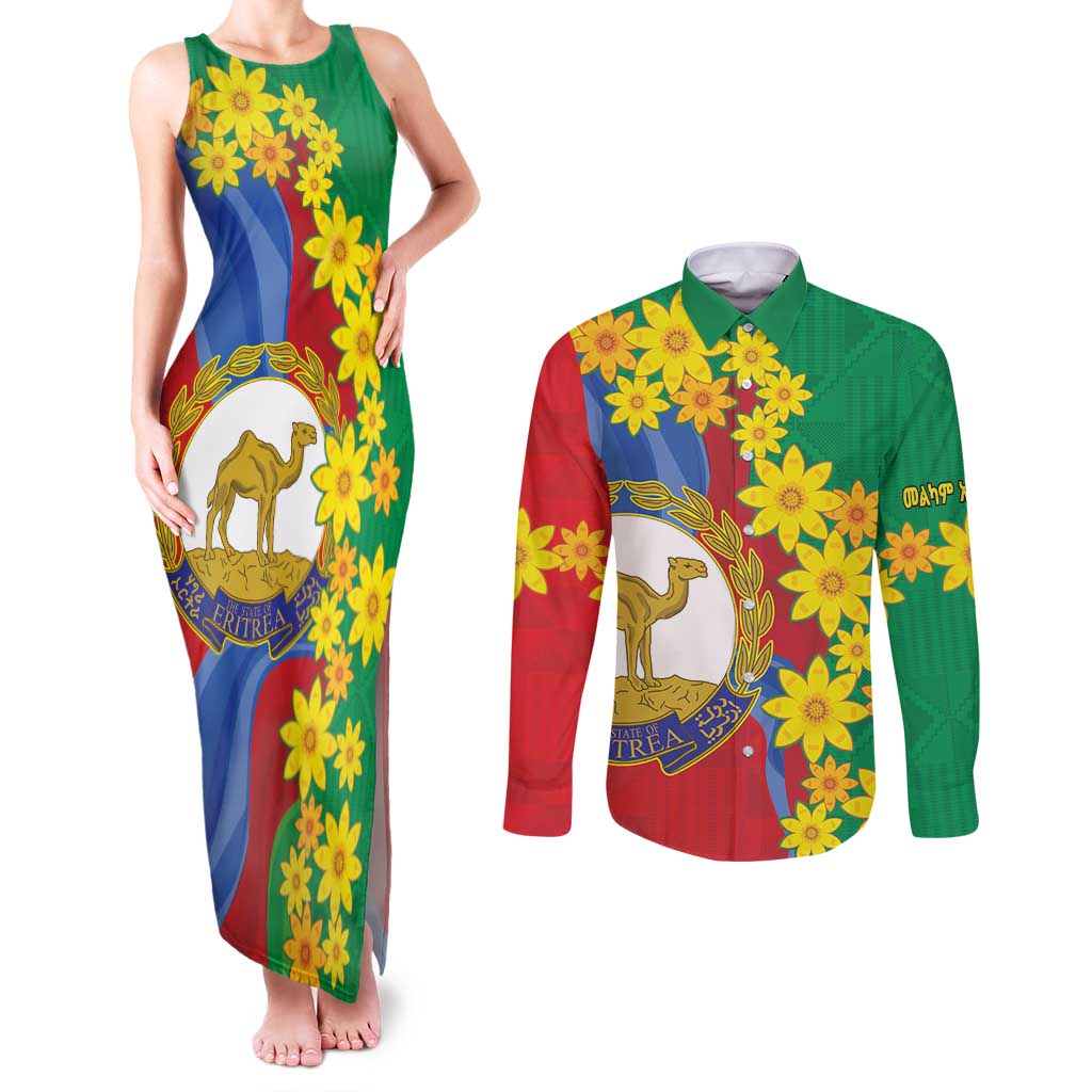 Eritrea New Year Personalized Couples Matching Tank Maxi Dress and Long Sleeve Button Shirt Enkutatash Adey Abeba Flower Art LT9 - Wonder Print Shop