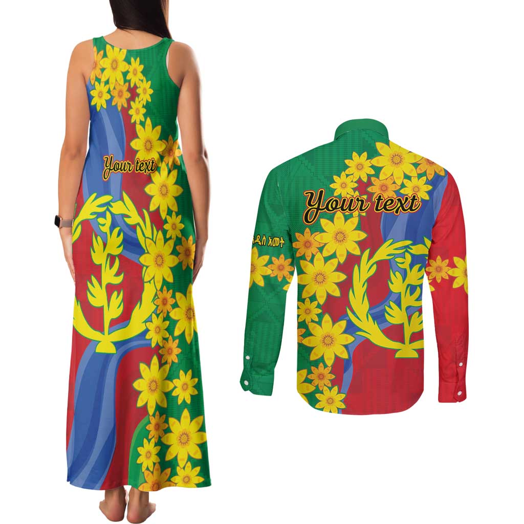 Eritrea New Year Personalized Couples Matching Tank Maxi Dress and Long Sleeve Button Shirt Enkutatash Adey Abeba Flower Art LT9 - Wonder Print Shop