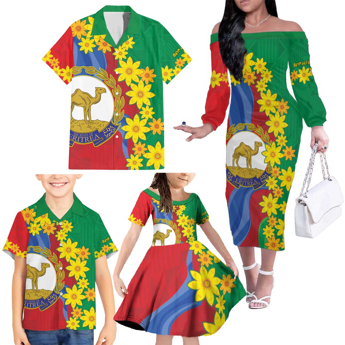 Eritrea New Year Personalized Family Matching Off The Shoulder Long Sleeve Dress and Hawaiian Shirt Enkutatash Adey Abeba Flower Art - Wonder Print Shop