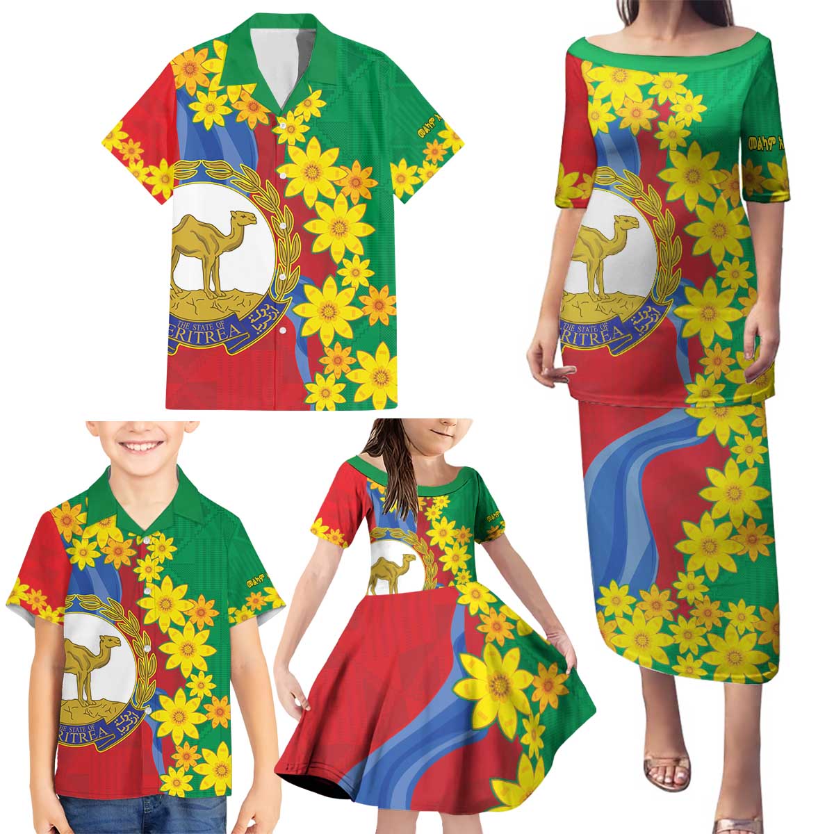 Eritrea New Year Personalized Family Matching Puletasi and Hawaiian Shirt Enkutatash Adey Abeba Flower Art - Wonder Print Shop