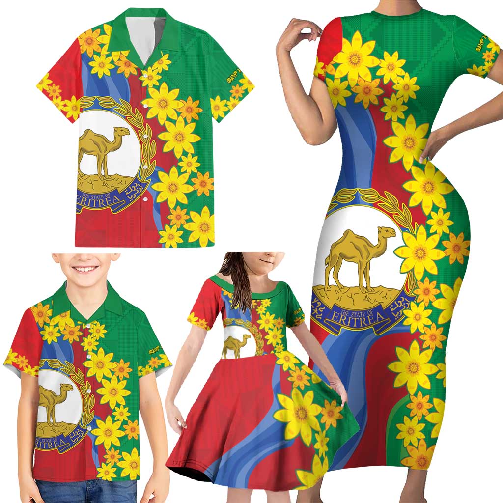 Eritrea New Year Personalized Family Matching Short Sleeve Bodycon Dress and Hawaiian Shirt Enkutatash Adey Abeba Flower Art - Wonder Print Shop