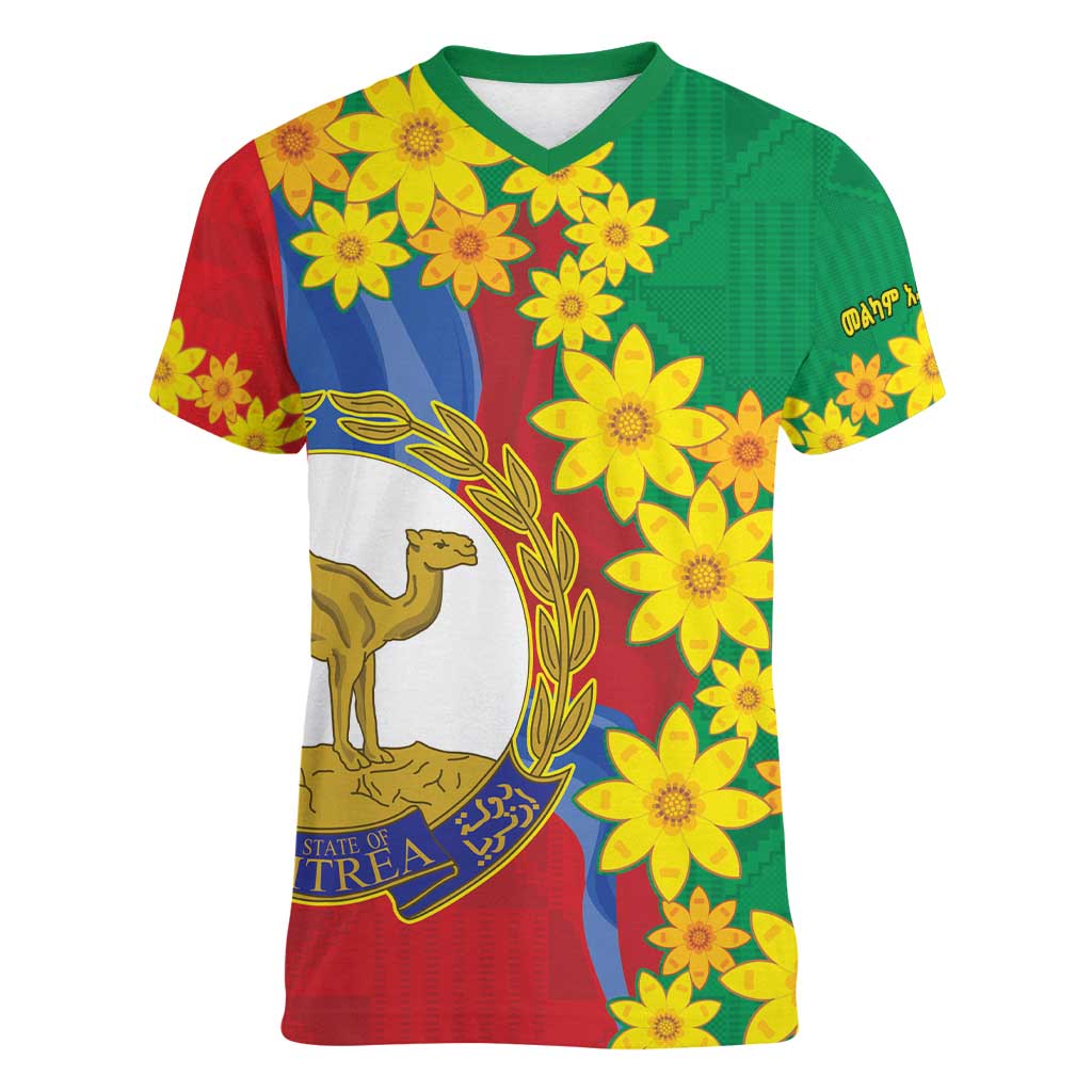 Eritrea New Year Personalized Women V-Neck T-Shirt Enkutatash Adey Abeba Flower Art - Wonder Print Shop