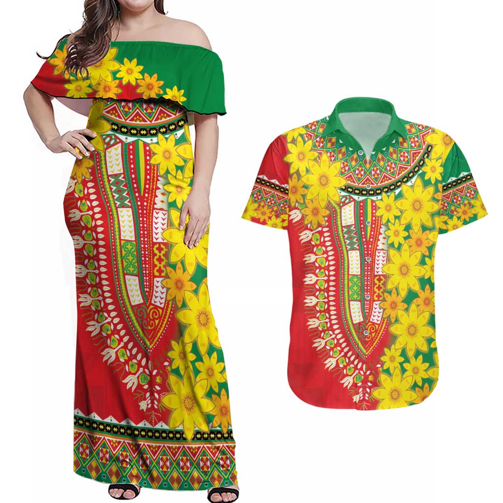 Ethiopian New Year Couples Matching Off Shoulder Maxi Dress and Hawaiian Shirt Enkutatash Adey Abeba Flower Art LT9 - Wonder Print Shop