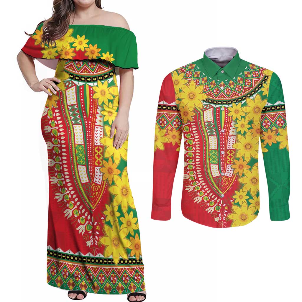 Ethiopian New Year Couples Matching Off Shoulder Maxi Dress and Long Sleeve Button Shirt Enkutatash Adey Abeba Flower Art LT9 - Wonder Print Shop