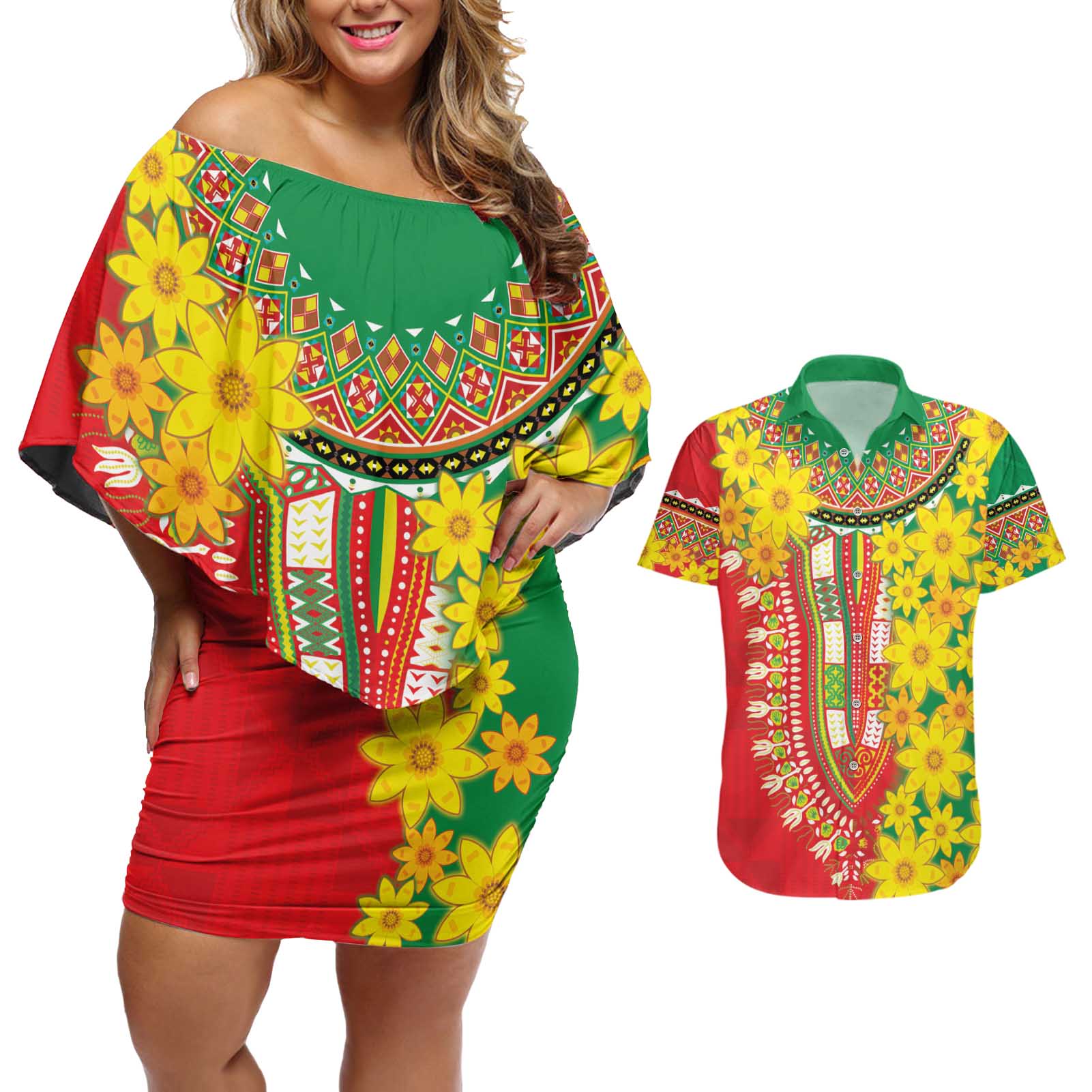 Ethiopian New Year Couples Matching Off Shoulder Short Dress and Hawaiian Shirt Enkutatash Adey Abeba Flower Art LT9 - Wonder Print Shop