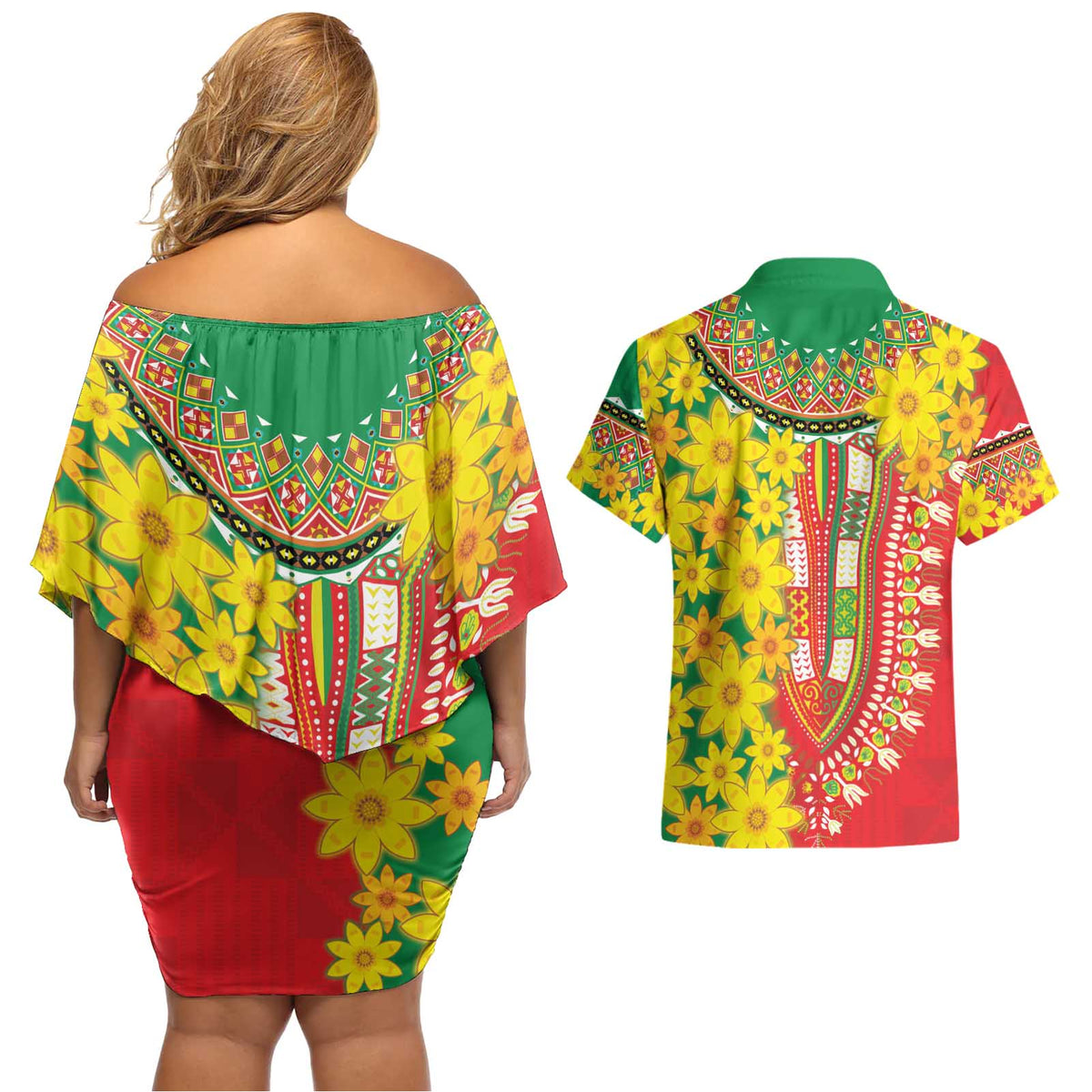 Ethiopian New Year Couples Matching Off Shoulder Short Dress and Hawaiian Shirt Enkutatash Adey Abeba Flower Art LT9 - Wonder Print Shop