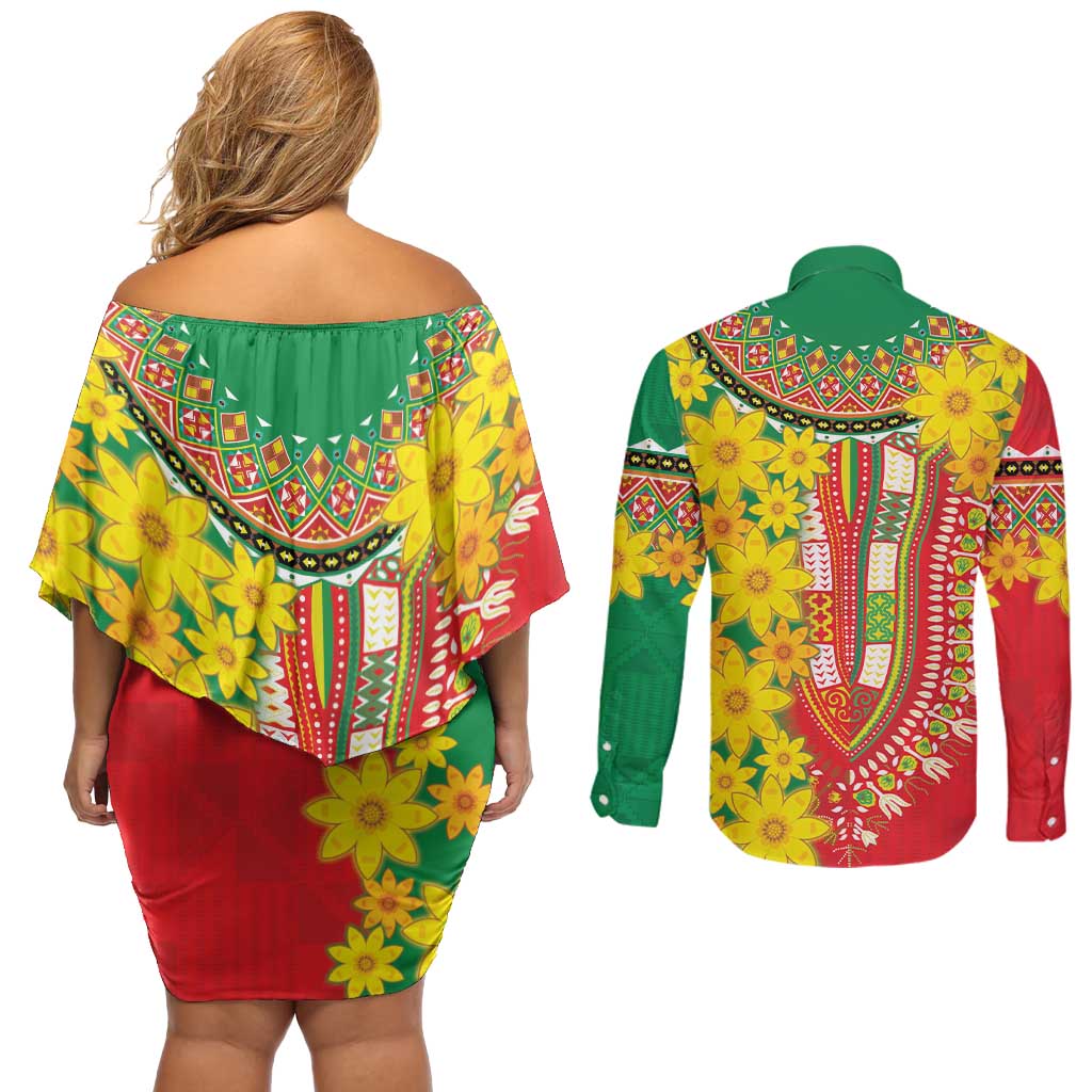 Ethiopian New Year Couples Matching Off Shoulder Short Dress and Long Sleeve Button Shirt Enkutatash Adey Abeba Flower Art LT9 - Wonder Print Shop