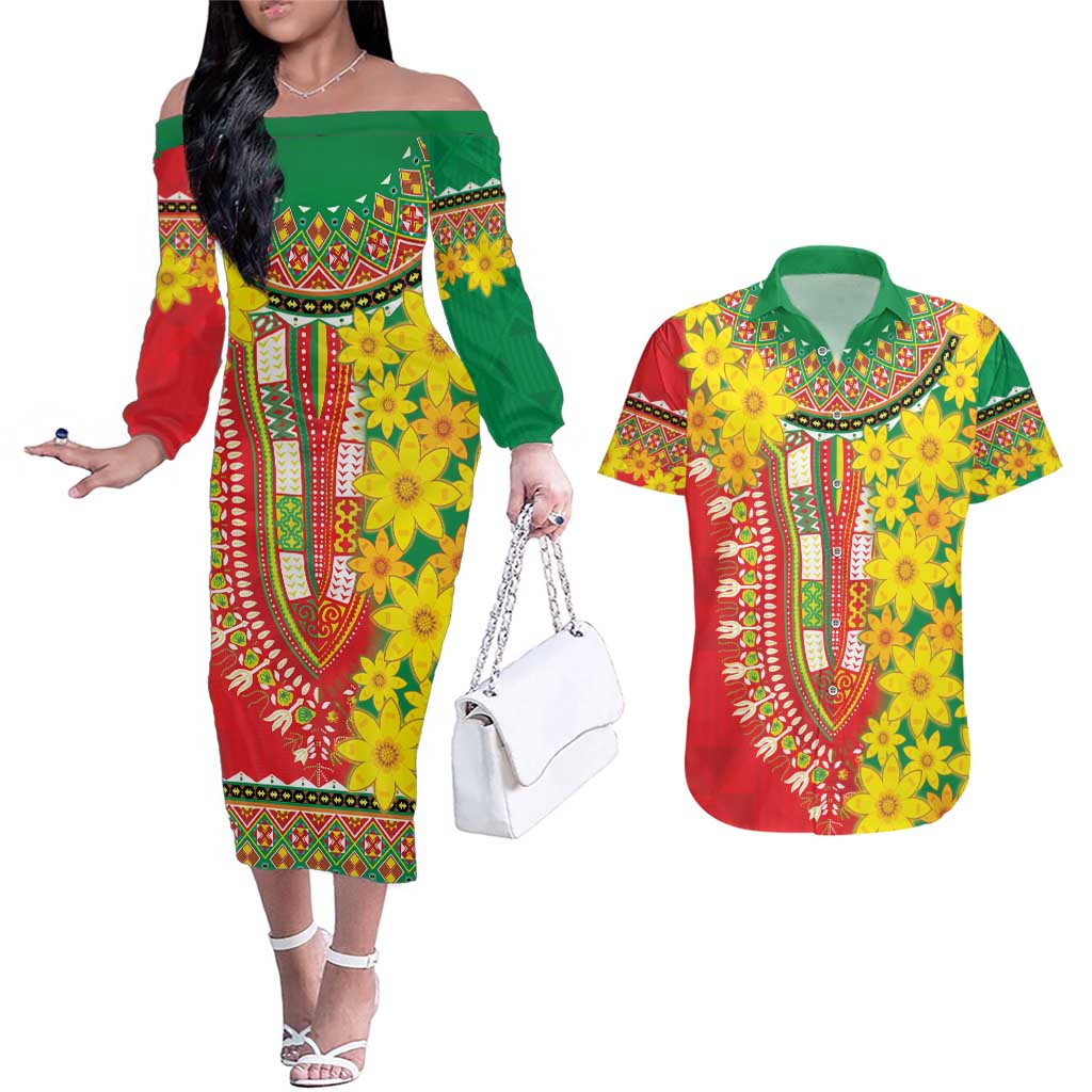 Ethiopian New Year Couples Matching Off The Shoulder Long Sleeve Dress and Hawaiian Shirt Enkutatash Adey Abeba Flower Art LT9 - Wonder Print Shop