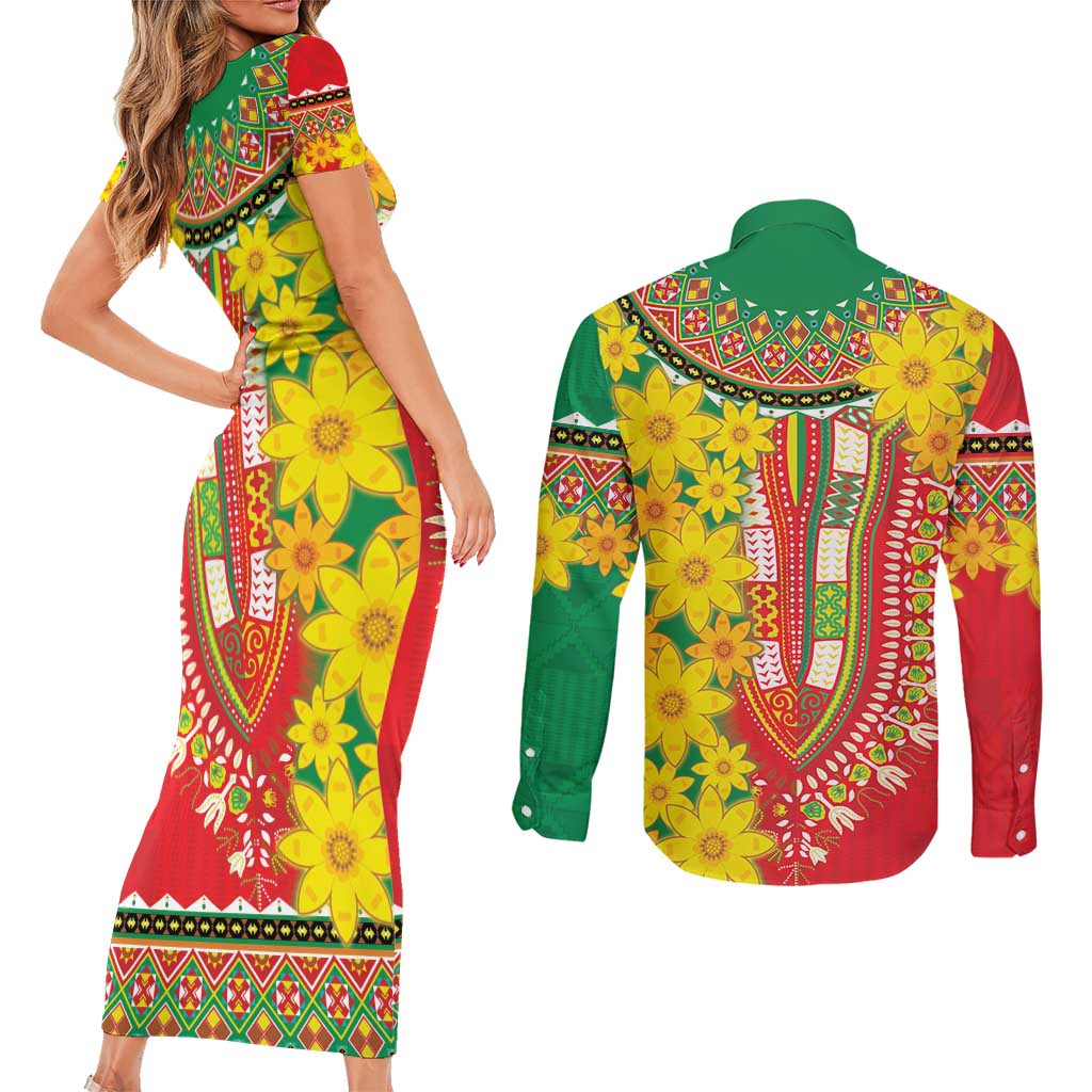 Ethiopian New Year Couples Matching Short Sleeve Bodycon Dress and Long Sleeve Button Shirt Enkutatash Adey Abeba Flower Art LT9 - Wonder Print Shop