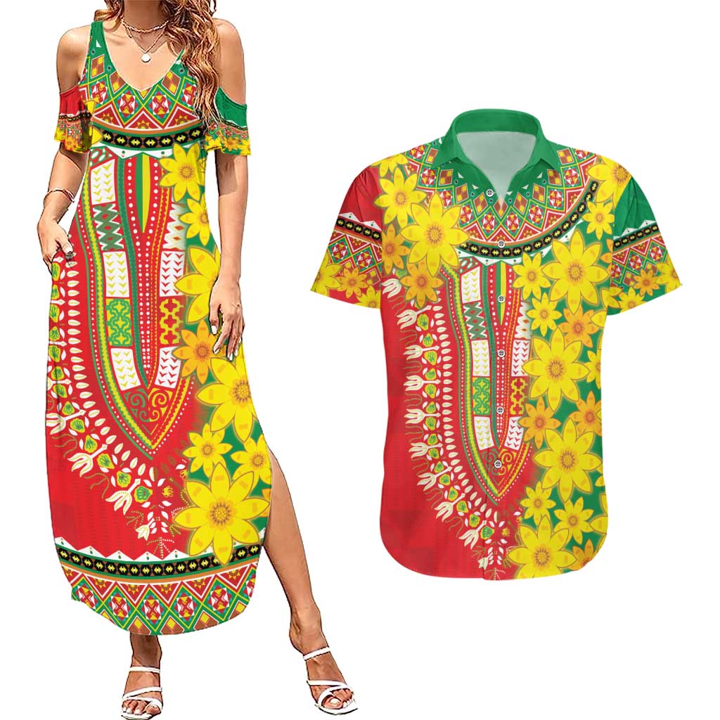 Ethiopian New Year Couples Matching Summer Maxi Dress and Hawaiian Shirt Enkutatash Adey Abeba Flower Art LT9 - Wonder Print Shop