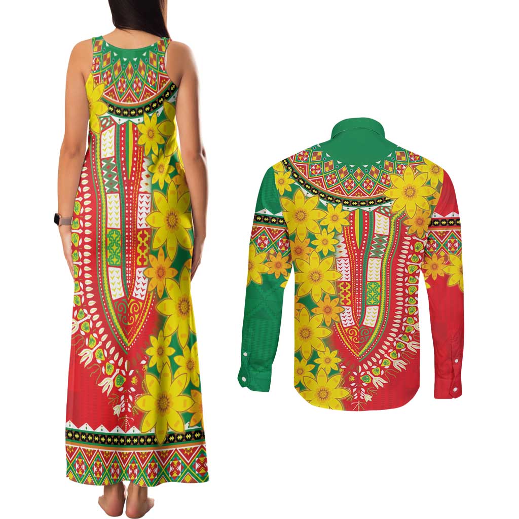 Ethiopian New Year Couples Matching Tank Maxi Dress and Long Sleeve Button Shirt Enkutatash Adey Abeba Flower Art LT9 - Wonder Print Shop