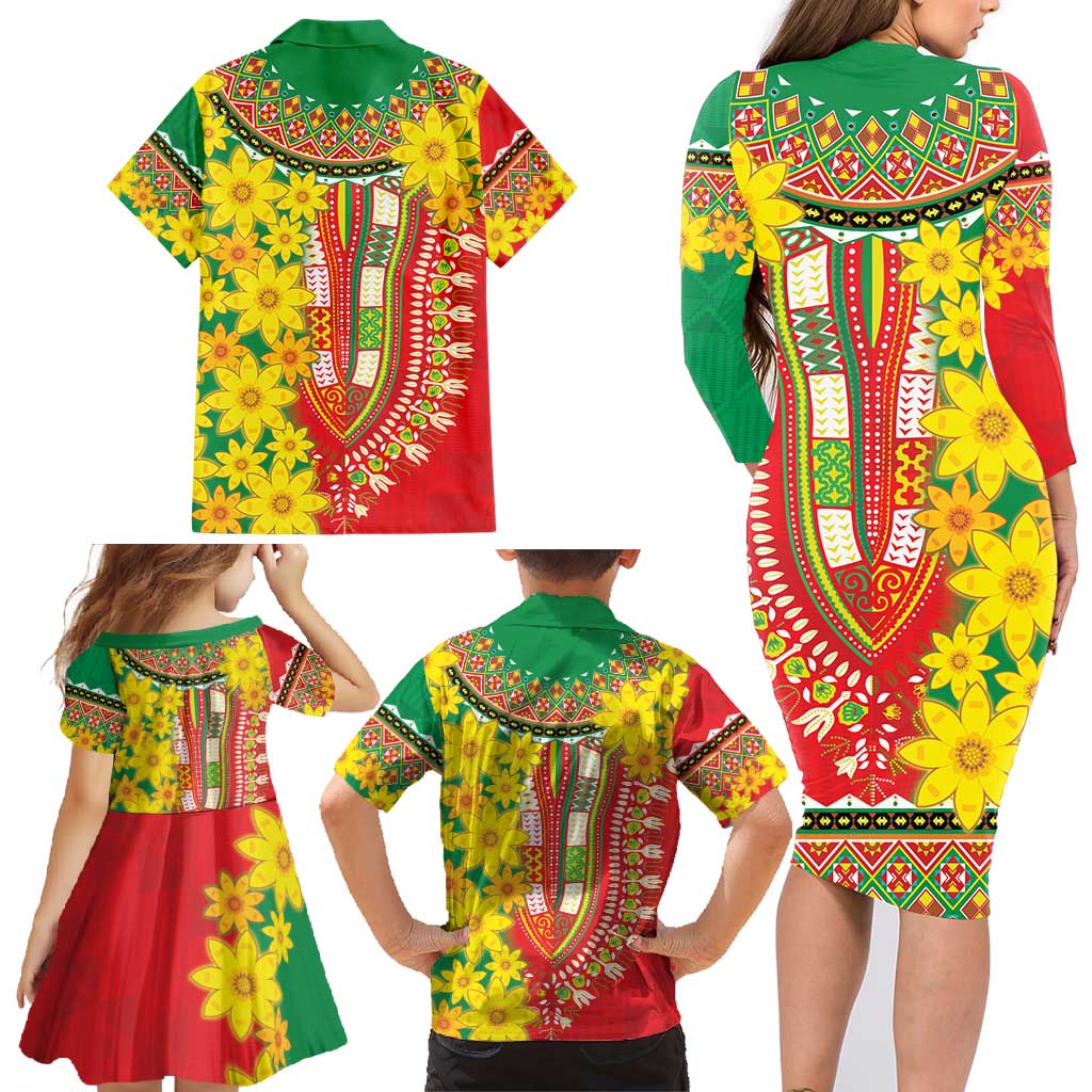 Ethiopian New Year Family Matching Long Sleeve Bodycon Dress and Hawaiian Shirt Enkutatash Adey Abeba Flower Art LT9 - Wonder Print Shop